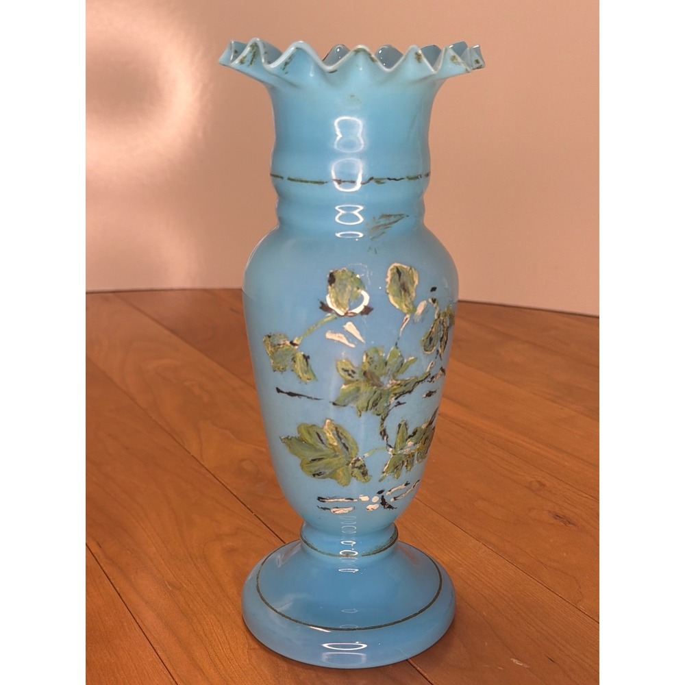 Antique Victorian Blue Opaline Vase | Hand Painted Floral Enamel | Ruffled Rim